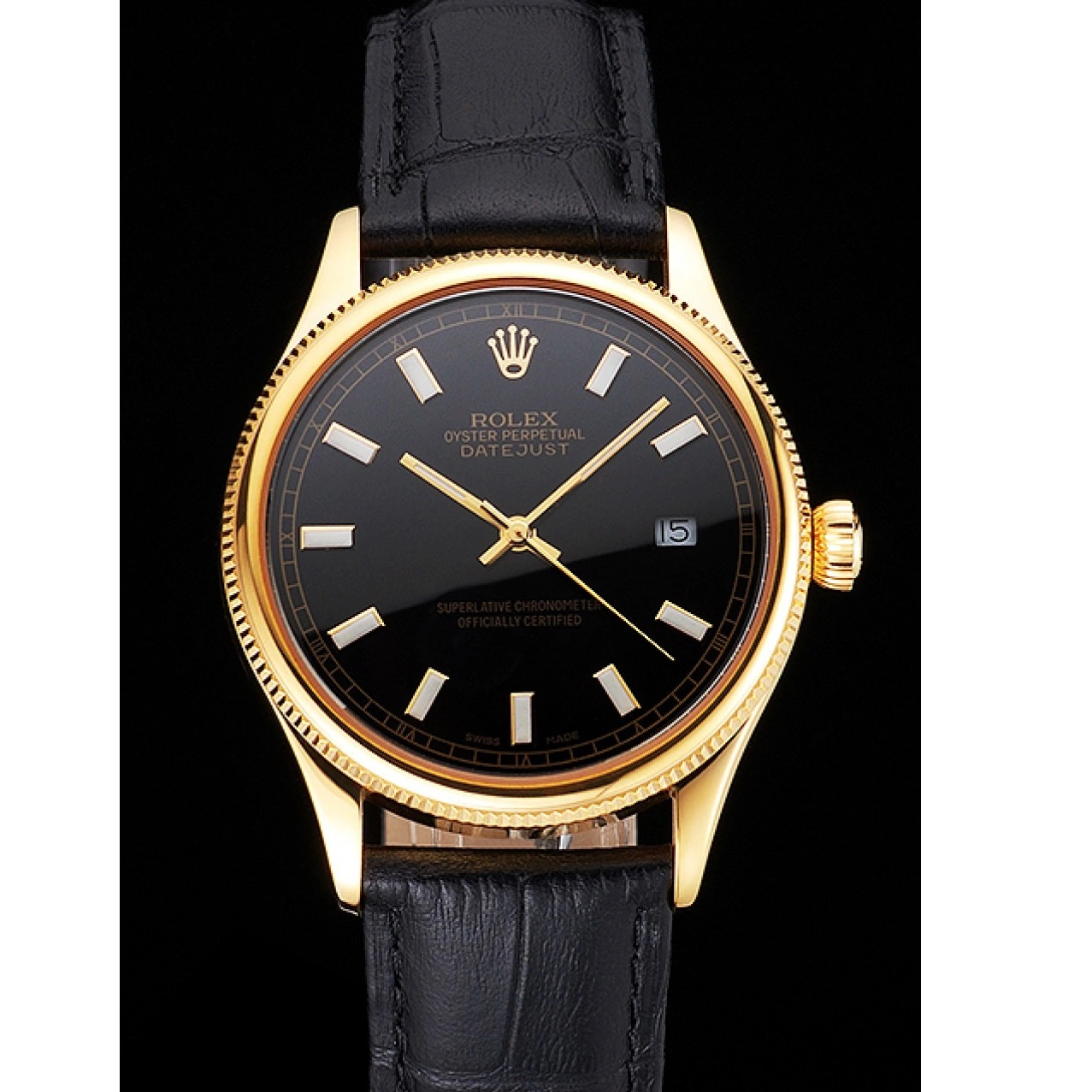 Rolex aaa copy Swiss Case Rolex Strap Leather Gold Black Black Datejust Dial 0626